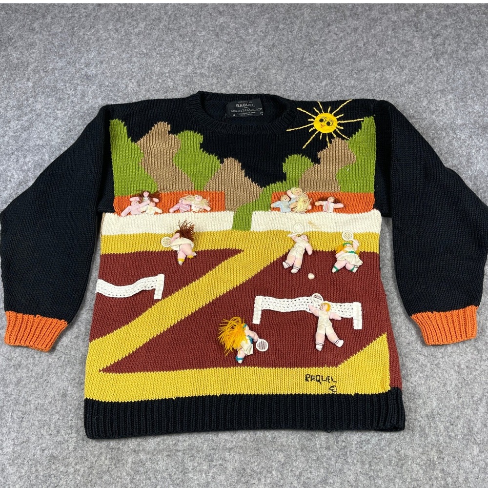 Vintage Raquel's Collection Handmade Peru 3D Tennis Novelty Cotton Sweater Med